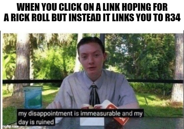 based on a true story. | WHEN YOU CLICK ON A LINK HOPING FOR A RICK ROLL BUT INSTEAD IT LINKS YOU TO R34 | image tagged in my dissapointment is immeasurable and my day is ruined | made w/ Imgflip meme maker