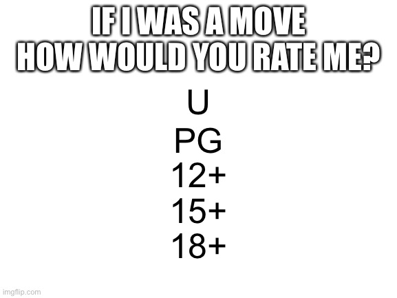 Hit me with it! | IF I WAS A MOVE HOW WOULD YOU RATE ME? U; PG; 12+; 15+; 18+ | image tagged in blank white template | made w/ Imgflip meme maker