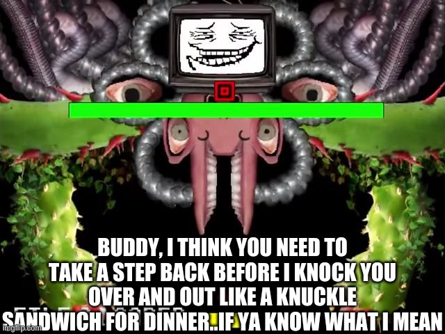 This Omega Dude- | BUDDY, I THINK YOU NEED TO TAKE A STEP BACK BEFORE I KNOCK YOU OVER AND OUT LIKE A KNUCKLE SANDWICH FOR DINNER..IF YA KNOW WHAT I MEAN | image tagged in omega flowey troll face | made w/ Imgflip meme maker