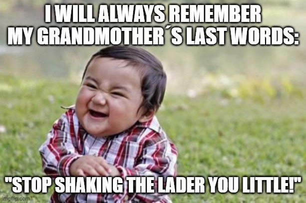 Evil Toddler Meme | I WILL ALWAYS REMEMBER MY GRANDMOTHER´S LAST WORDS:; "STOP SHAKING THE LADER YOU LITTLE!" | image tagged in memes,evil toddler | made w/ Imgflip meme maker