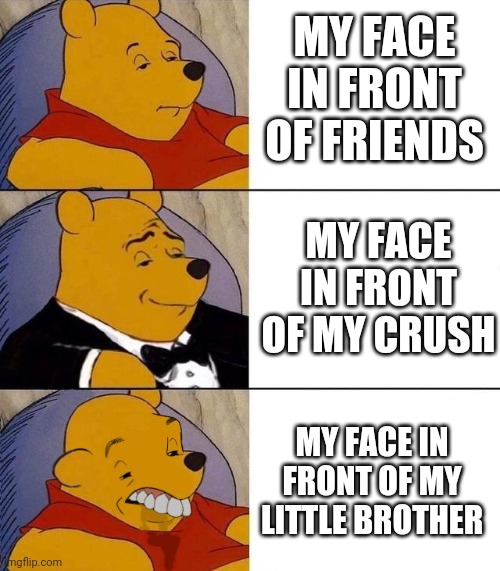 Best,Better, Blurst | MY FACE IN FRONT OF FRIENDS; MY FACE IN FRONT OF MY CRUSH; MY FACE IN FRONT OF MY LITTLE BROTHER | image tagged in best better blurst | made w/ Imgflip meme maker