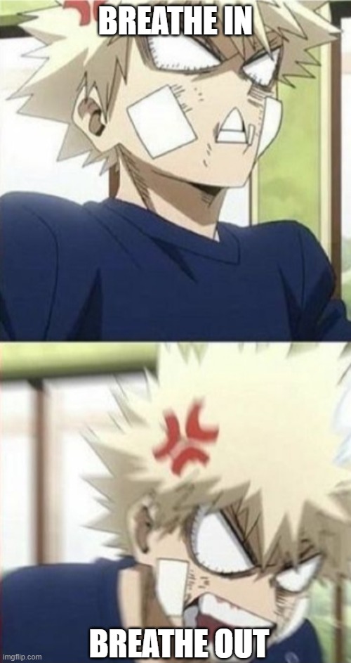 breathe in breathe out | BREATHE IN; BREATHE OUT | image tagged in bakugo | made w/ Imgflip meme maker