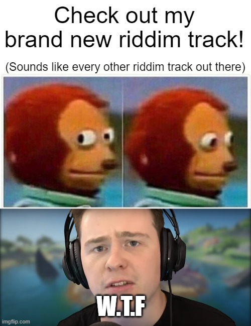 Riddim sounds the same | Check out my brand new riddim track! (Sounds like every other riddim track out there); W.T.F | image tagged in memes,monkey puppet,when you lose something,dubstep,riddim | made w/ Imgflip meme maker