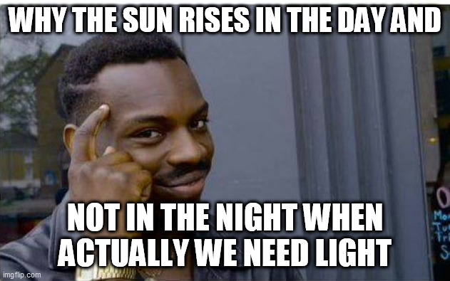 dafuq | WHY THE SUN RISES IN THE DAY AND; NOT IN THE NIGHT WHEN ACTUALLY WE NEED LIGHT | image tagged in logic thinker | made w/ Imgflip meme maker