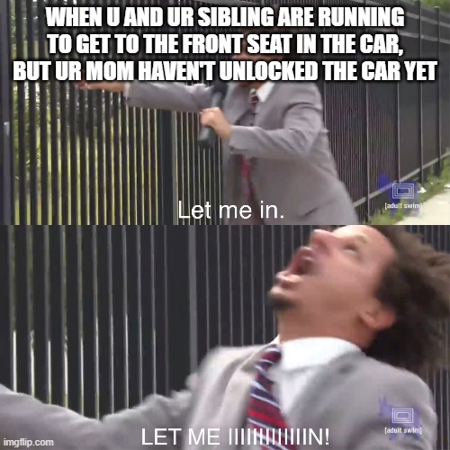 let me in | WHEN U AND UR SIBLING ARE RUNNING TO GET TO THE FRONT SEAT IN THE CAR, BUT UR MOM HAVEN'T UNLOCKED THE CAR YET | image tagged in let me in | made w/ Imgflip meme maker
