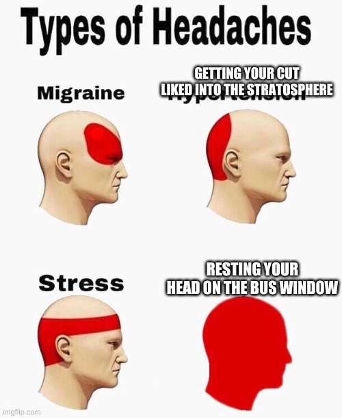 Headaches | GETTING YOUR CUT LIKED INTO THE STRATOSPHERE; RESTING YOUR HEAD ON THE BUS WINDOW | image tagged in headaches | made w/ Imgflip meme maker