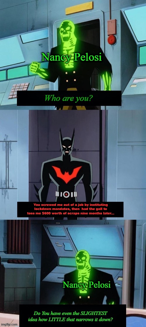 Do you have any idea how little that narrows it down? | Nancy Pelosi; You screwed me out of a job by instituting lockdown mandates, then  had the gall to toss me $600 worth of scraps nine months later... Nancy Pelosi | image tagged in do you have any idea how little that narrows it down | made w/ Imgflip meme maker