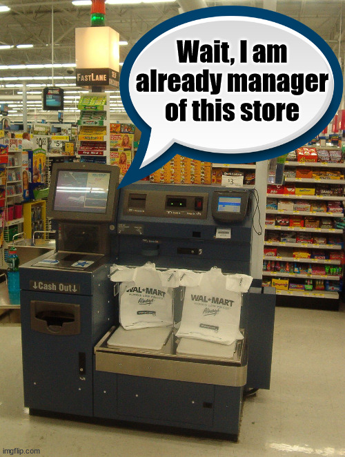 self checkout | Wait, I am already manager of this store | image tagged in self checkout | made w/ Imgflip meme maker