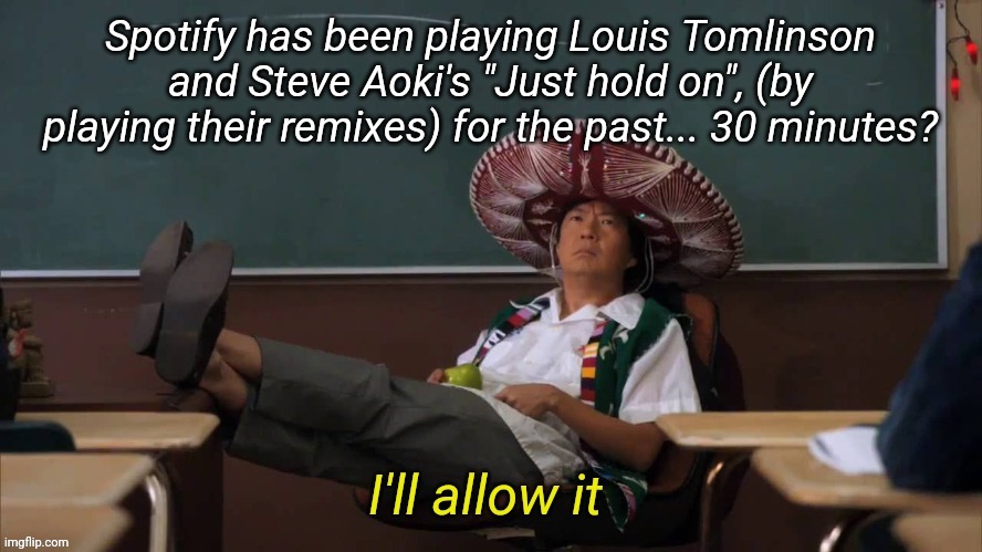I'm not complaining XD | Spotify has been playing Louis Tomlinson and Steve Aoki's "Just hold on", (by playing their remixes) for the past... 30 minutes? | image tagged in i'll allow it | made w/ Imgflip meme maker