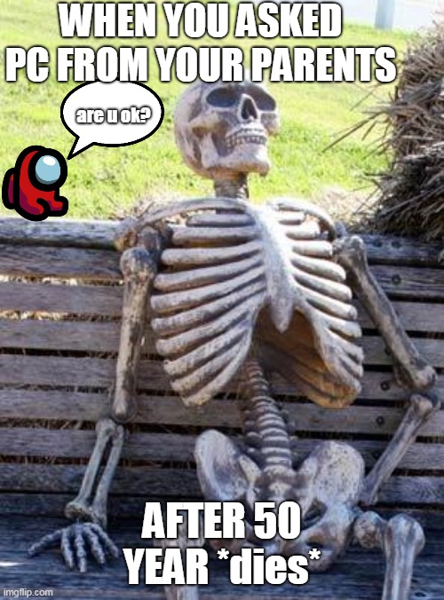 Waiting Skeleton Meme | WHEN YOU ASKED PC FROM YOUR PARENTS; are u ok? AFTER 50 YEAR *dies* | image tagged in memes,waiting skeleton | made w/ Imgflip meme maker