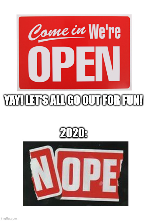 2020: Nope | YAY! LET'S ALL GO OUT FOR FUN! 2020: | image tagged in haiku,meme,2020,signs,open | made w/ Imgflip meme maker