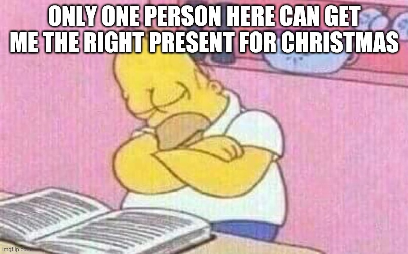 Homer Simpons | ONLY ONE PERSON HERE CAN GET ME THE RIGHT PRESENT FOR CHRISTMAS | image tagged in homer simpons | made w/ Imgflip meme maker