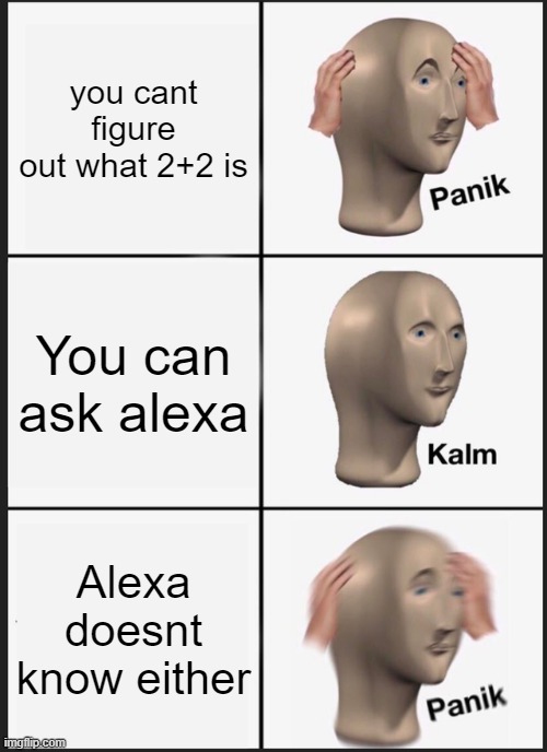 2+2 will destryo us all | you cant figure out what 2+2 is; You can ask alexa; Alexa doesnt know either | image tagged in memes,panik kalm panik | made w/ Imgflip meme maker