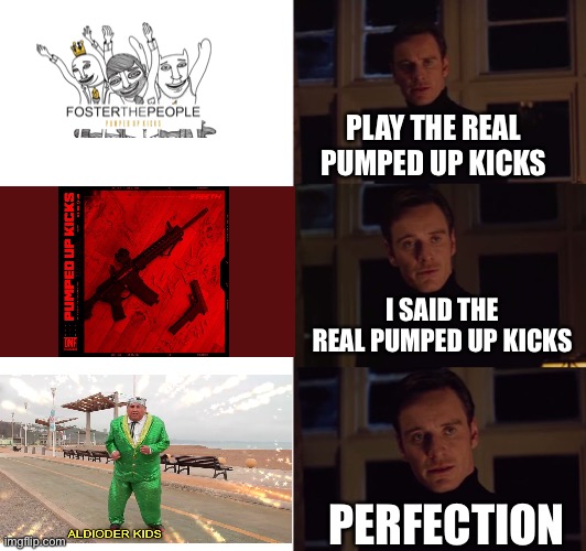 Aldioder Kids | PLAY THE REAL PUMPED UP KICKS; I SAID THE REAL PUMPED UP KICKS; PERFECTION | image tagged in perfection | made w/ Imgflip meme maker