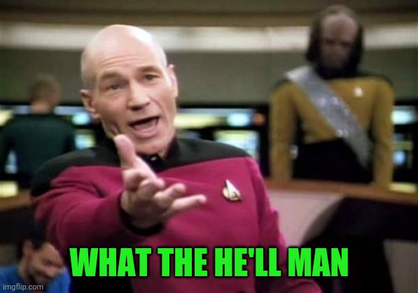 Picard Wtf Meme | WHAT THE HE'LL MAN | image tagged in memes,picard wtf | made w/ Imgflip meme maker