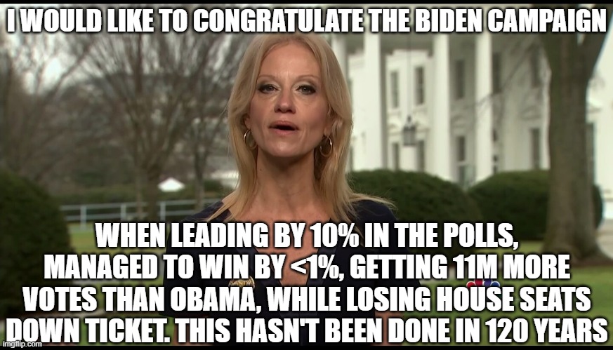Kelly Ann Conway | I WOULD LIKE TO CONGRATULATE THE BIDEN CAMPAIGN; WHEN LEADING BY 10% IN THE POLLS, MANAGED TO WIN BY <1%, GETTING 11M MORE VOTES THAN OBAMA, WHILE LOSING HOUSE SEATS DOWN TICKET. THIS HASN'T BEEN DONE IN 120 YEARS | image tagged in kelly ann conway | made w/ Imgflip meme maker