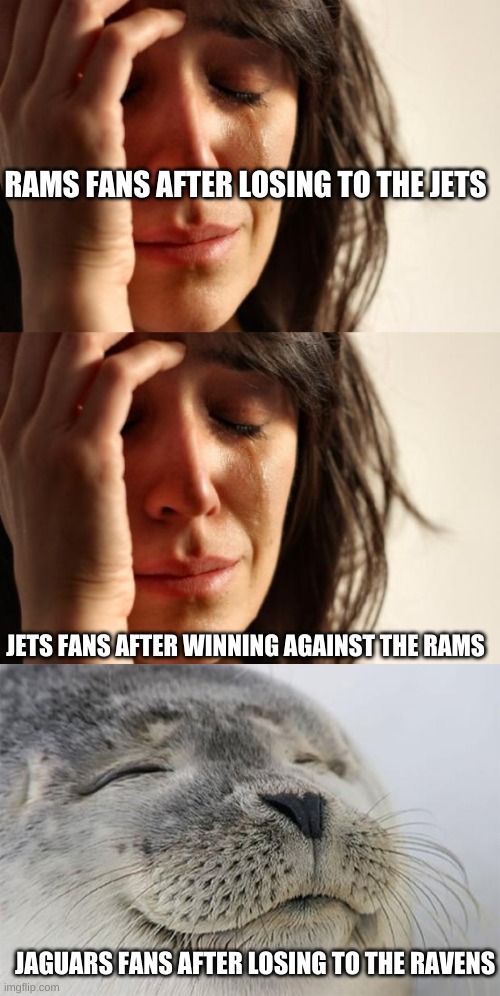 RAMS FANS AFTER LOSING TO THE JETS; JETS FANS AFTER WINNING AGAINST THE RAMS; JAGUARS FANS AFTER LOSING TO THE RAVENS | image tagged in memes,first world problems,satisfied seal | made w/ Imgflip meme maker