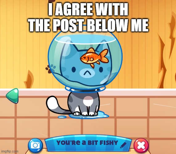 You’re a bit fishy | I AGREE WITH THE POST BELOW ME | image tagged in you re a bit fishy | made w/ Imgflip meme maker