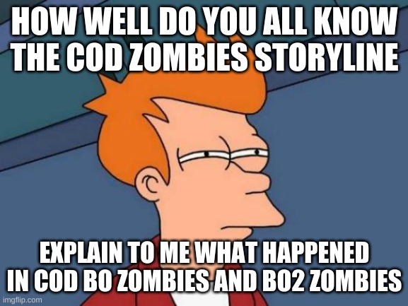 Futurama Fry | HOW WELL DO YOU ALL KNOW THE COD ZOMBIES STORYLINE; EXPLAIN TO ME WHAT HAPPENED IN COD BO ZOMBIES AND BO2 ZOMBIES | image tagged in memes,futurama fry | made w/ Imgflip meme maker