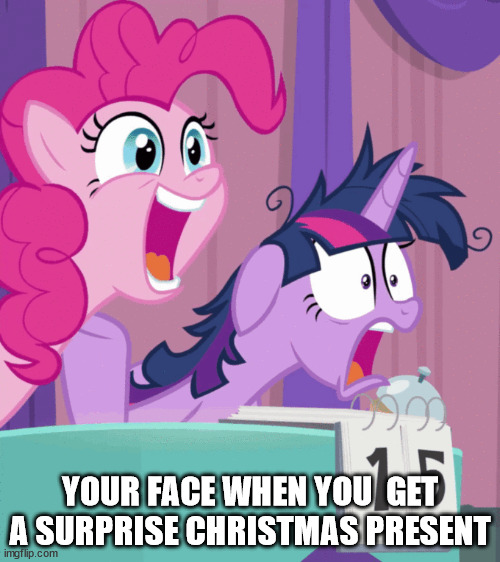 true story | YOUR FACE WHEN YOU  GET A SURPRISE CHRISTMAS PRESENT | image tagged in mlp fim,mlp meme | made w/ Imgflip meme maker