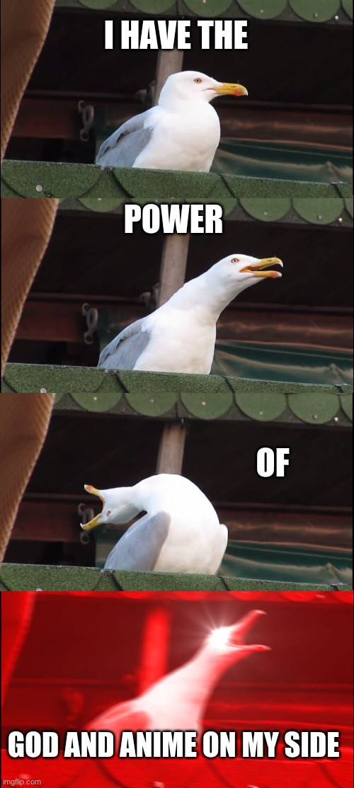 Inhaling Seagull Meme | I HAVE THE; POWER; OF; GOD AND ANIME ON MY SIDE | image tagged in memes,inhaling seagull | made w/ Imgflip meme maker