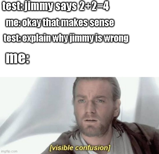 Visible Confusion | test: jimmy says 2+2=4; me: okay that makes sense; test: explain why jimmy is wrong; me: | image tagged in visible confusion | made w/ Imgflip meme maker