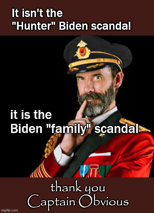 It isn't the "Hunter" Biden scandal | It isn't the "Hunter" Biden scandal; it is the 
Biden "family" scandal; thank you Captain Obvious | image tagged in politics,thanks captain obvious | made w/ Imgflip meme maker