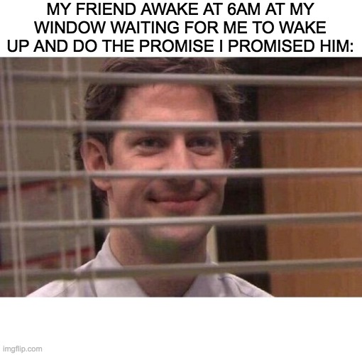 My friend be like |  MY FRIEND AWAKE AT 6AM AT MY WINDOW WAITING FOR ME TO WAKE UP AND DO THE PROMISE I PROMISED HIM: | image tagged in jim office blinds | made w/ Imgflip meme maker