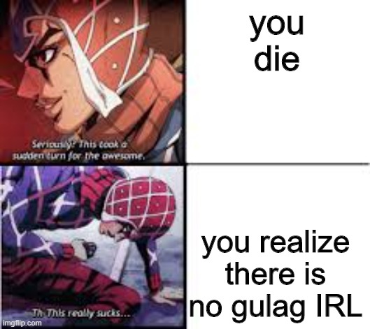 jojo this sucks | you die; you realize there is no gulag IRL | image tagged in jojo this sucks | made w/ Imgflip meme maker