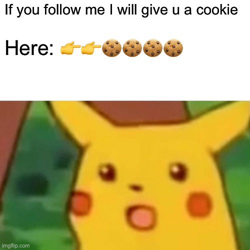 Yummy cookie for u | If you follow me I will give u a cookie; Here: 👉👉🍪🍪🍪🍪 | image tagged in memes,surprised pikachu | made w/ Imgflip meme maker