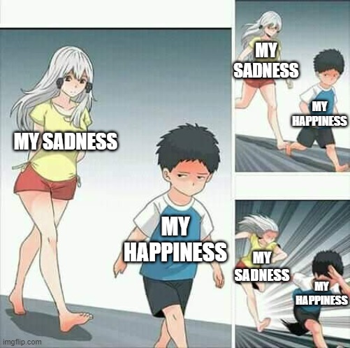 Sadness | MY SADNESS; MY HAPPINESS; MY SADNESS; MY HAPPINESS; MY SADNESS; MY HAPPINESS | image tagged in anime boy running | made w/ Imgflip meme maker