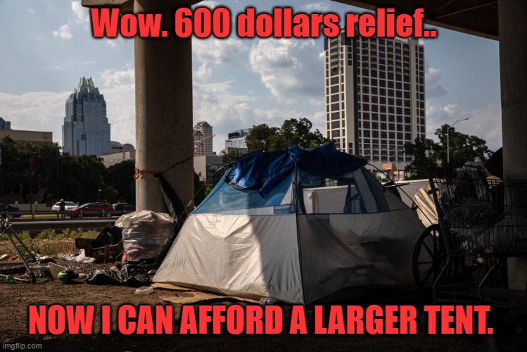 covid relief | Wow. 600 dollars relief.. NOW I CAN AFFORD A LARGER TENT. | image tagged in gee thanks | made w/ Imgflip meme maker