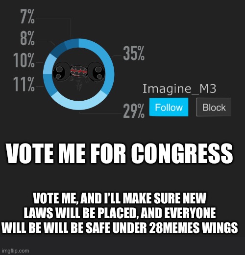Vote me, vote me, vote me ??????????????? | VOTE ME FOR CONGRESS; VOTE ME, AND I’LL MAKE SURE NEW LAWS WILL BE PLACED, AND EVERYONE WILL BE WILL BE SAFE UNDER 28MEMES WINGS | made w/ Imgflip meme maker