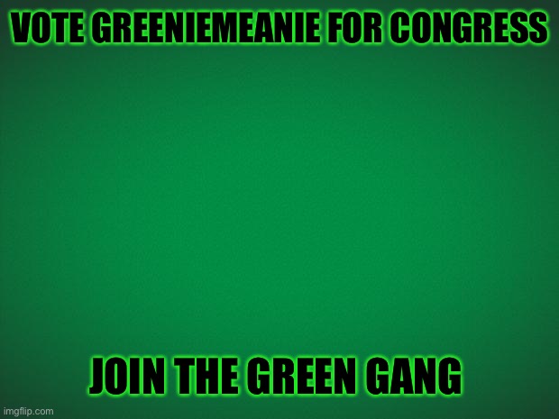 Green Gang | VOTE GREENIEMEANIE FOR CONGRESS; JOIN THE GREEN GANG | image tagged in green background,vote,greengang,greeniemeanie | made w/ Imgflip meme maker