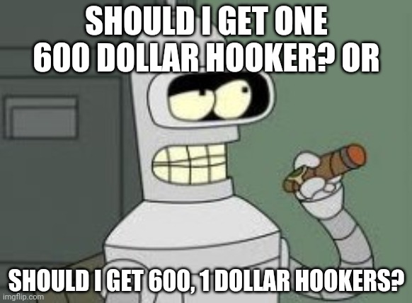 stimulus check memes | SHOULD I GET ONE 600 DOLLAR HOOKER? OR; SHOULD I GET 600, 1 DOLLAR HOOKERS? | image tagged in stimulus | made w/ Imgflip meme maker