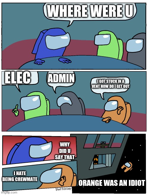 Among Us Meeting | WHERE WERE U; ELEC; ADMIN; I GOT STUCK IN A VENT HOW DO I GET OUT; WHY DID U SAY THAT; I HATE BEING CREWMATE; ORANGE WAS AN IDIOT | image tagged in among us meeting | made w/ Imgflip meme maker
