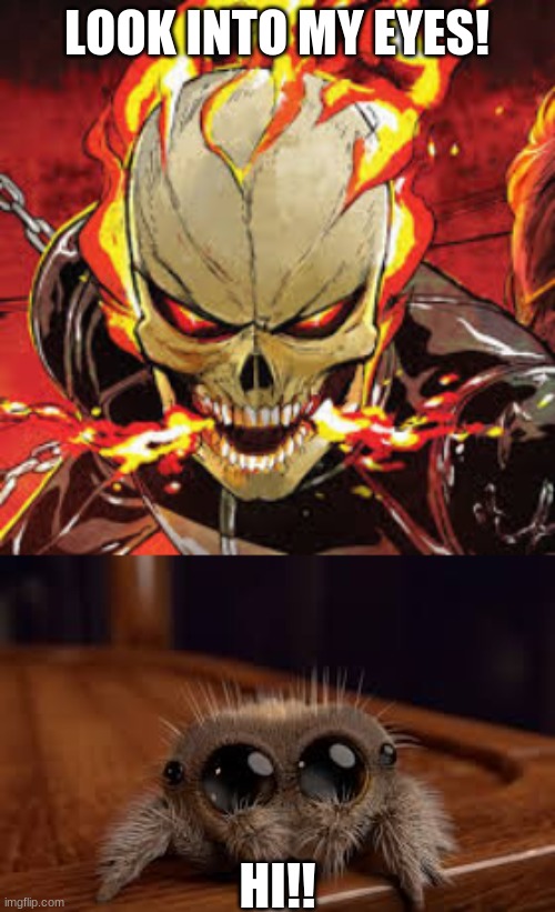 Lucas The GhostRider | LOOK INTO MY EYES! HI!! | image tagged in lucas the spider | made w/ Imgflip meme maker