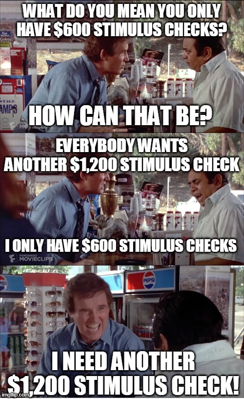 I need another $1,200 stimulus check! | WHAT DO YOU MEAN YOU ONLY HAVE $600 STIMULUS CHECKS? HOW CAN THAT BE? EVERYBODY WANTS ANOTHER $1,200 STIMULUS CHECK; I ONLY HAVE $600 STIMULUS CHECKS; I NEED ANOTHER $1,200 STIMULUS CHECK! | image tagged in i need chocolate,memes,stimulus checks,clifford,store clerk,charles grodin | made w/ Imgflip meme maker