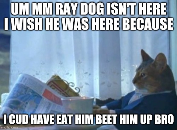 I Should Buy A Boat Cat | UM MM RAY DOG ISN'T HERE I WISH HE WAS HERE BECAUSE; I CUD HAVE EAT HIM BEET HIM UP BRO | image tagged in memes,i should buy a boat cat | made w/ Imgflip meme maker