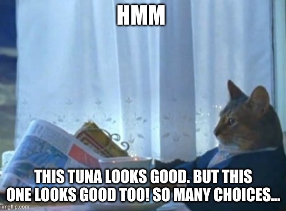 I Should Buy A Boat Cat Meme | HMM; THIS TUNA LOOKS GOOD. BUT THIS ONE LOOKS GOOD TOO! SO MANY CHOICES... | image tagged in memes,i should buy a boat cat | made w/ Imgflip meme maker