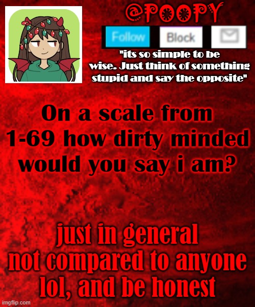 On a scale from 1-69 how dirty minded would you say i am? just in general not compared to anyone lol, and be honest | image tagged in poopy | made w/ Imgflip meme maker