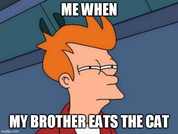 Futurama Fry Meme | ME WHEN; MY BROTHER EATS THE CAT | image tagged in memes,futurama fry | made w/ Imgflip meme maker