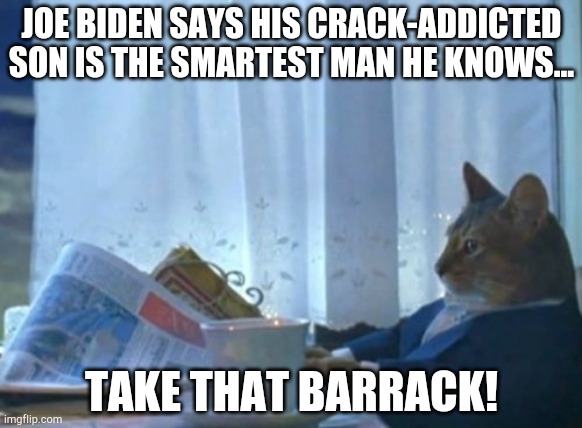 Might Not be a gaffe! | JOE BIDEN SAYS HIS CRACK-ADDICTED SON IS THE SMARTEST MAN HE KNOWS... TAKE THAT BARRACK! | image tagged in memes,i should buy a boat cat | made w/ Imgflip meme maker