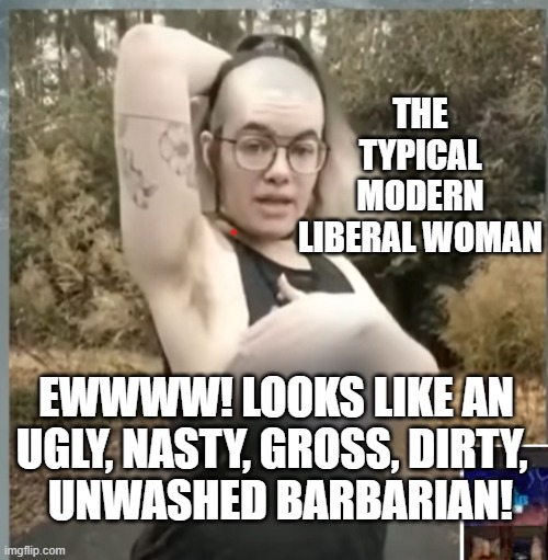 politics | THE TYPICAL MODERN LIBERAL WOMAN; EWWWW! LOOKS LIKE AN UGLY, NASTY, GROSS, DIRTY, 
 UNWASHED BARBARIAN! | image tagged in political meme | made w/ Imgflip meme maker
