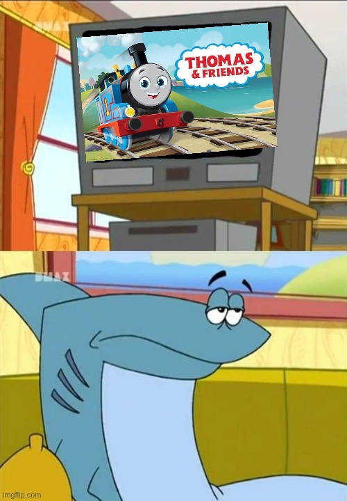 Kenny hates the Thomas reboot! | image tagged in kenny the shark watches tv | made w/ Imgflip meme maker