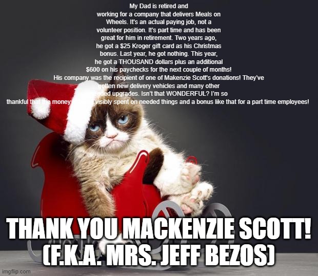Thank You, MacKenzie Scott! | My Dad is retired and working for a company that delivers Meals on Wheels. It’s an actual paying job, not a volunteer position. It’s part time and has been great for him in retirement. Two years ago, he got a $25 Kroger gift card as his Christmas bonus. Last year, he got nothing. This year, he got a THOUSAND dollars plus an additional $600 on his paychecks for the next couple of months!

His company was the recipient of one of Makenzie Scott's donations! They’ve gotten new delivery vehicles and many other needed upgrades. Isn’t that WONDERFUL? I’m so thankful that the money is being visibly spent on needed things and a bonus like that for a part time employees! THANK YOU MACKENZIE SCOTT!
(F.K.A. MRS. JEFF BEZOS) | image tagged in grumpy cat christmas hd | made w/ Imgflip meme maker