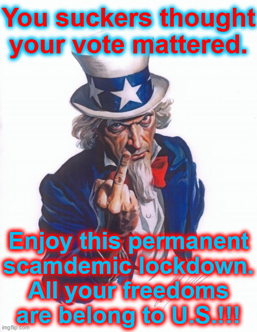 You suckers... | You suckers thought
your vote mattered. Enjoy this permanent
scamdemic lockdown.
All your freedoms
are belong to U.S.!!! | image tagged in uncle sam finger by alex ross,scamdemic,lockdown,government corruption,media lies,tyranny | made w/ Imgflip meme maker