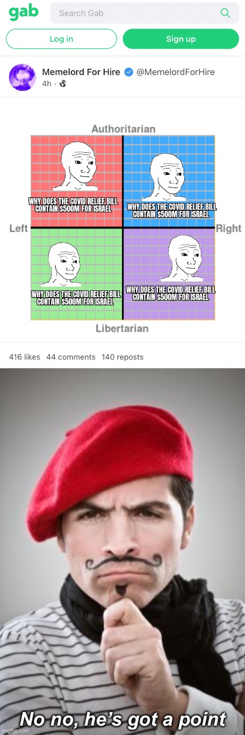 [Let it not be said I never agreed with anything on Gab] | image tagged in gab covid relief israel,french man no no he s got a point | made w/ Imgflip meme maker