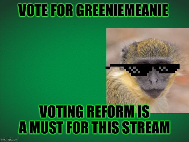 Swag Monkey Says | VOTE FOR GREENIEMEANIE; VOTING REFORM IS A MUST FOR THIS STREAM | image tagged in green background,vote,greeniemeanis | made w/ Imgflip meme maker