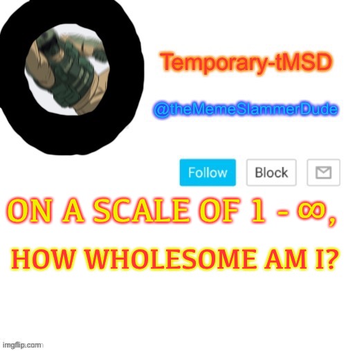 Trend | HOW WHOLESOME AM I? ON A SCALE OF 1 - ∞, | image tagged in temporary-tmsd announcement take 2,trend | made w/ Imgflip meme maker